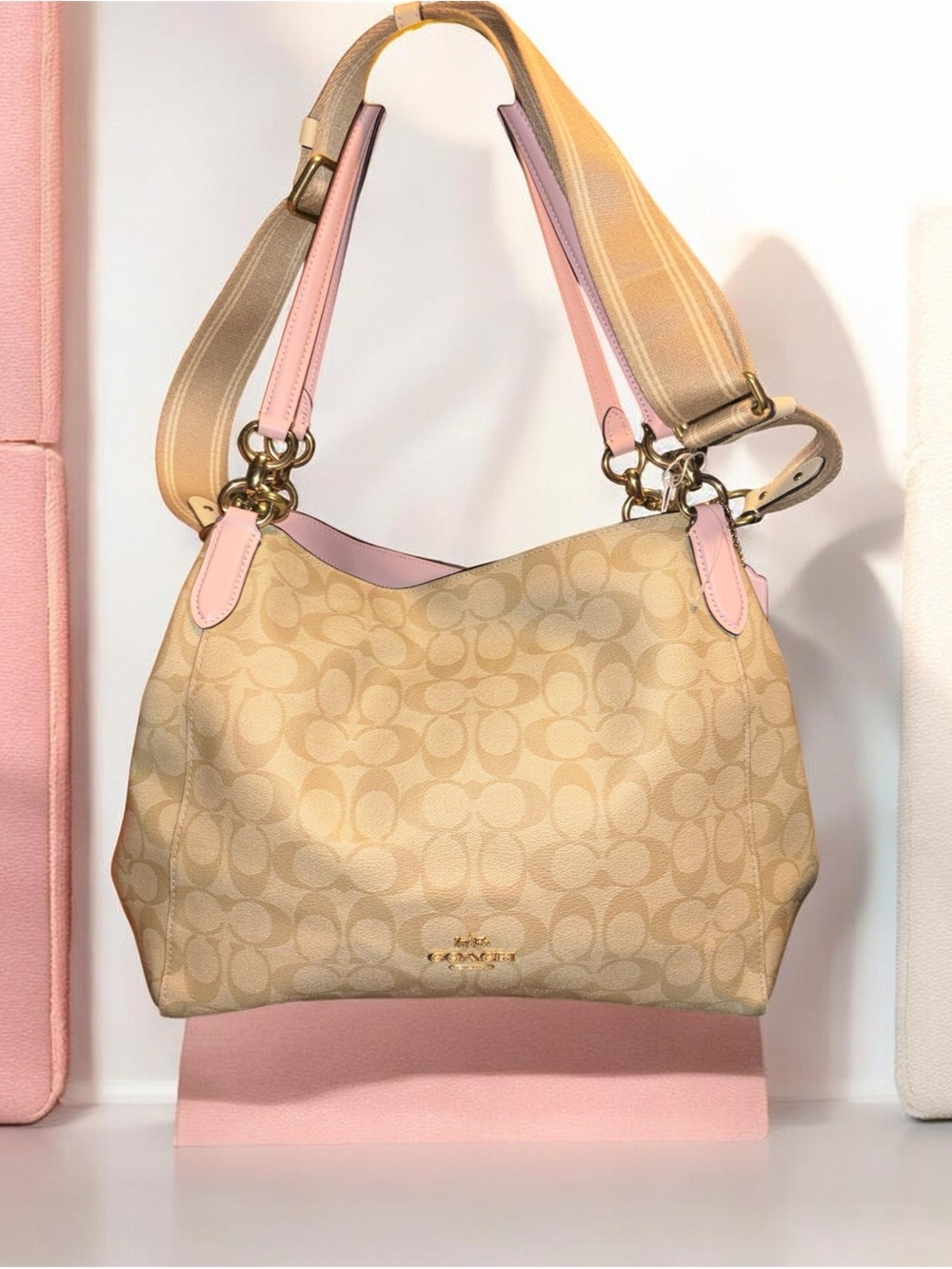 Coach Hallie #80298 Beige Signature Canvas Shoulder Bag Pink Trim/Guitar strap